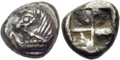 The Jonathan H. Kagan Collection of Ancient Greek Coins IONIA. Uncertain mint. Circa 600-550 BC. Hekte (Silver, 11 mm, 2.27 g). Forepart of a bridled horse to left. Rev. Quadripartite incuse square. U