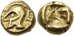 The Jonathan H. Kagan Collection of Ancient Greek Coins IONIA. Phokaia. Circa 625/00 BC. 1/24th Stater (Electrum, 6 mm, 0.71 g). Head of a warrior to left, wearing a crested Corinthian helmet. Rev. Ir