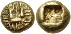 The Jonathan H. Kagan Collection of Ancient Greek Coins ISLANDS OFF IONIA, Samos. Circa 600-525 BC. Hemihekte or 1/12 Stater (Electrum, 7.5 mm, 1.46 g). Three-sided square with central projection, sur
