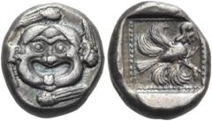 The Jonathan H. Kagan Collection of Ancient Greek Coins CARIA. Uncertain mint. Circa 500-400 BC. Trihemiobol (Silver, 11.5 mm, 1.93 g, 6 h). Facing gorgoneion with protruding tongue and four wings eve