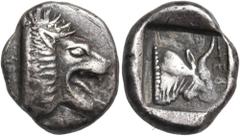 The Jonathan H. Kagan Collection of Ancient Greek Coins CARIA. Chersonesos. Circa 500-480 BC. Hemidrachm (Silver, 14 mm, 2.97 g, 12 h). Head of roaring lion to right. Rev. XEP Head and neck of bull to