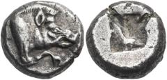 The Jonathan H. Kagan Collection of Ancient Greek Coins DYNASTS OF LYCIA. Uncertain dynast, circa 500-470/60 BC. 1/3 Stater (Silver, 12 mm, 2.99 g). Forepart of boar to right. Rev. Rough incuse square