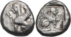 The Jonathan H. Kagan Collection of Ancient Greek Coins DYNASTS OF LYCIA. Amartite(?), circa 490/80-440/30 BC. Stater (Silver, 20.5 mm, 9.35 g, 11 h). Sphinx with curved wing seated to left, raising h
