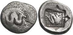 The Jonathan H. Kagan Collection of Ancient Greek Coins DYNASTS OF LYCIA. Uncertain dynast, circa 490/80-440/30 BC. Tetrobol or 1/3 Stater (Silver, 15 mm, 3.01 g, 12 h). Ketos swimming to right; borde