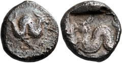 The Jonathan H. Kagan Collection of Ancient Greek Coins DYNASTS OF LYCIA. Uncertain dynast, circa 490/80-440/30 BC. Tetrobol or 1/3 Stater (Silver, 13 mm, 3.07 g, 7 h). Ketos swimming to right; border
