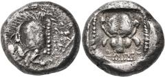 The Jonathan H. Kagan Collection of Ancient Greek Coins DYNASTS OF LYCIA. Uncertain dynast, circa 490/80-440/30 BC. Stater (Silver, 19.5 mm, 9.37 g, 11 h). Forepart of bull to left. Rev. 𐊗𐊊𐊓𐊏𐊕 (?
