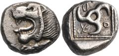The Jonathan H. Kagan Collection of Ancient Greek Coins DYNASTS OF LYCIA. Ãru or Urã, circa 480/460 BC. Stater (Silver, 19.5 mm, 9.63 g). Forepart of roaring lion to left. Rev. ÃRU or ARŨ (in Lycian) 