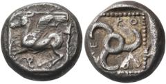 The Jonathan H. Kagan Collection of Ancient Greek Coins DYNASTS OF LYCIA. Kuprilli, circa 470/60-440/35 BC. 1/3 Stater (Silver, 12 mm, 3.10 g, 2 h). Pegasos with a straight wing flying to left; below,