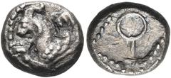 The Jonathan H. Kagan Collection of Ancient Greek Coins CILICIA. Tarsos or an Uncertain Mint in Southwestern Asia Minor. 5th century BC. Trihemiobol (Silver, 8 mm, 0.91 g, 12 h). Forepart of horned an