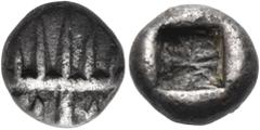 The Jonathan H. Kagan Collection of Ancient Greek Coins ASIA MINOR. Uncertain mint. 6th century BC. Diobol (Silver, 9 mm, 1.36 g). Stylized lion's head facing, wearing a crown with five rays. Rev. Rou