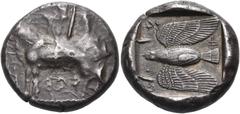 The Jonathan H. Kagan Collection of Ancient Greek Coins CYPRUS. Paphos. Onasioikos, circa 425 BC. Stater (Silver, 21 mm, 10.90 g, 6 h). pa-si 0-na-si / pa-si-le (in Cypriot script) Bull standing to le