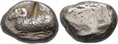 The Jonathan H. Kagan Collection of Ancient Greek Coins CYPRUS. Salamis. Euelthon, circa 530/15-480. Stater (Silver, 20 mm, 11.36 g). [E]-u-[fe-le-tho-ne] (in Cypriot script) Ram recumbent left. Rev. 