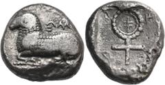 The Jonathan H. Kagan Collection of Ancient Greek Coins CYPRUS. Salamis. Phausis(?), Circa 480-460 BC. Stater (Silver, 20.5 mm, 10.72 g, 2 h). [pa]-u-si-[se-o] (in Cypriot script) Ram recumbent to lef