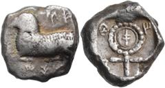 The Jonathan H. Kagan Collection of Ancient Greek Coins CYPRUS. Salamis. Phausis(?), Circa 480-460 BC. Stater (Silver, 20.5 mm, 11.18 g, 4 h). pa-u / si-o-se (in Cypriot script) Ram recumbent to left.