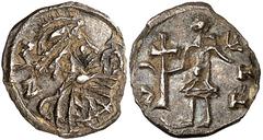 Early Medieval & Islamic MEROVINGIANS, Pseudo-Imperial. Circa 460-500. Half-siliqua (?) (Silver, 10.5 mm, 0.42 g, 3 h), imitation of Majorian, uncertain mint in Northern Gaul. D N M Helmeted, diademed