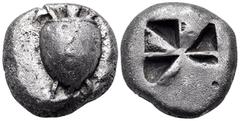 Greek ISLANDS OFF ATTICA, Aegina. Circa 525-475 BC. Stater (Silver, 19 mm, 11.87 g). Sea turtle with profile head, thin collar and row of dots down the back of shell. Rev. Mill-sail incuse square patt