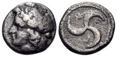 Greek MEGARIS. Megara. Circa 375-338 BC. Trihemiobol (Silver, 11 mm, 1.51 g). Laureate head of Apollo to left, his long hair falling down the back of his neck. Rev. Μ - Ε - Γ Triskeles of crescents cu