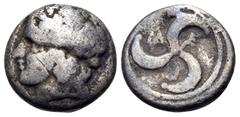 Greek MEGARIS. Megara. Circa 375-338 BC. Trihemiobol (Silver, 11 mm, 1.36 g). Laureate head of Apollo to left, his long hair falling down the back of his neck. Rev. Μ - Ε - Γ Triskeles of crescents cu