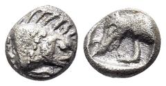 Greek DYNASTS OF LYCIA. Uncertain dynast, circa 480/70-430 BC. Hemiobol (Silver, 6 mm, 0.32 g, 3 h). Forepart of boar to right. Rev. Head and neck of hound to left, with leash hanging down from collar