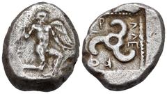 Greek DYNASTS OF LYCIA. Kuprilli, circa 470/60-440/35 BC. Stater (Silver, 19 mm, 8.39 g, 11 h). Winged male figure, nude, running-kneeling right, holding kerykeion with is right hand and extending his