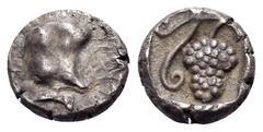 Greek CILICIA. Soloi. Circa 440-410 BC. Hemiobol (Silver, 6.3 mm, 0.37 g, 3 h). Head of an Amazon to left, wearing a pointed cap. Rev. Grape bunch on vine with two tendrils. SNG Paris 154-158. Extreme