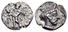 Greek CILICIA. Tarsos. Tiribazos, satrap of Lydia, 388-380 BC. Hemiobol (Silver, 9.5 mm, 0.46 g, 12 h). 'TRIBZW' in Aramaic Baal standing facing, head to left, holding eagle in his outstretched right 