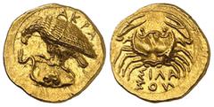 A distinguished collection of greek coins: The property of a Late Collector SICILY. Akragas. Circa 406 BC. Dilitron (Gold, 12 mm, 1.32 g, 6 h), under the magistrate Silanos. ΑΚΡΑ Eagle, with closed wi