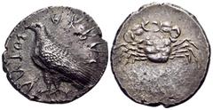 Greek SICILY. Akragas. Circa 510-500 BC. Didrachm (Silver, 24 mm, 8.82 g, 4 h). AKRAΓ-ANTOΣ (retrograde) Sea eagle standing to left. Rev. Crab. Jenkins group Ia, pl. 37, 1 (same obverse die). SNG Lloy