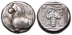 Greek THRACE. Maroneia. Circa 398/7-386/5 BC. Triobol (Silver, 12.5 mm, 2.70 g, 3 h). M-H-T Forepart of horse to left. Rev. M-A Grape bunch on vine, within dotted square border; all within shallow inc