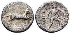 Greek THESSALY. Kierion. Circa 350 BC. Obol (Silver, 11.5 mm, 0.91 g, 9 h). Horse prancing to right. Rev. ΚΙΕΡΙ-ΕΙΩΝ Warrior (Ajax?), nude but for helmet, striding right, holding shield with his left 