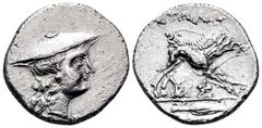 Greek AITOLIA, Aitolian League. Circa 205-150 BC. Triobol (Silver, 16,5 mm, 2.34 g, 12 h), circa 170-160. Head of Aetolia to right, wearing kausia. Rev. AITΩΛΩN Calydonian boar right above monograms o