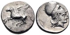 Greek CORINTHIA. Corinth. Circa 400-375 BC. Stater (Silver, 20.5 mm, 8.53 g, 9 h). Q Pegasos with straight wings, flying to left. Rev. Head of Athena to right, wearing Corinthian helmet. BCD Corinth 5