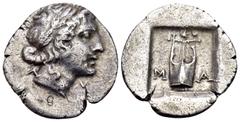 Greek LYCIA, Lycian League. Masikytes. Circa 48-42 BC. Hemidrachm (Silver, 16 mm, 1.54 g, 12 h). Λ-Y Laureate head of Apollo to right. Rev. M-A Lyre; above, star; all within rectangular incuse. Troxel