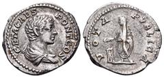 Roman Imperial Geta, as Caesar, 198-209. Denarius (Silver, 19 mm, 3.07 g, 7 h), Rome, 203-209. GETA CAES PONT COS Bare-headed and draped bust of Geta to right. Rev. VOTA PVBLICA Geta, togate, standing