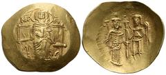 Byzantine Isaac II Angelus, first reign, 1185-1195. Hyperpyron (Gold, 26 mm, 4.08 g, 6 h), Constantinople. MHP - ΘV The Virgin enthroned facing, nimbate and wearing maphorion, holding before her the n