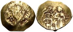 Byzantine Michael VIII Palaeologus, 1261-1282 (as Byzantine emperor). Hyperpyron (Electrum, 24.5 mm, 4.05 g, 6 h), Constantinople. Half-length facing figure of the Theotokos, orans, within the walls o