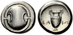 Coins of the Greeks Boeotia Thebes. Circa 395-338 BC. Stater (Silver, 12mm, 12.23 g), Klio(n), c. 368-364. Boeotian shield. Rev. KΛ - IΩ Amphora with tall handles and a decorated upper half . BCD Boio