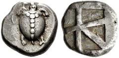 Coins of the Greeks Islands off Attica Aegina. Circa 480-457 BC. Stater (Silver, 12.36 g). Sea turtle with line of pellets down the back of its shell. Rev. Square incuse with large skew pattern. Milba