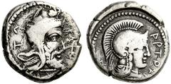 Coins of the Greeks Lycia Artumpara. Circa 400-370 BC. Stater (Silver, 7.62 g 9), Telmessos. (uncertain inscription) Bearded head of the Satrap to right, wearing Persian tiara Rev. ARTOCPARA Helmeted 