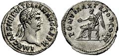 Coins of the Romans -. Denarius (Silver, 3.47 g 5), 98/99 AD. IMP CAES NERVA TRAIAN AVG GERM Laureate head of Trajan to right. Rev. PONT MAX TR POT COS II Victory seated left on throne, holding patera