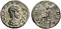 Coins of the Romans Julia Paula. Augusta, AD 219-220. Denarius (Silver, 3.41 g 12). IVLIA PAVLA AVG Draped bust of Julia Paula to right, her hair in three waves and bound up in a queue at the back. Re