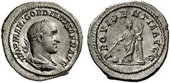 Coins of the Romans Gordian II. AD 238. Denarius (Silver, 2.86 g 12). IMP M ANT GORDIANVS AFR AVG Laureate, draped and cuirassed bust of Gordian II to right. Rev. PROVIDENTIA AVGG Providentia standing