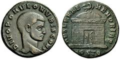 Coins of the Romans Divus Romulus. Died AD 309. Follis (Bronze, 7.40 g 12), Ostia, late 309 - October 312. DIVO ROMVLO N V BIS CONS Bare head of Divus Romulus to right. Rev. AETERNAE MEMORIAE / MOSTQ 
