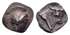 The Collection sans Pareille of Ancient Greek Fractions, Part III LUCANIA. Thourioi. Circa 443-400 BC. Obol (Silver, 6.5 mm, 0.25 g, 9 h). Head of Athena to right, wearing crested Attic helmet decorat
