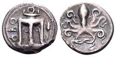 The Collection sans Pareille of Ancient Greek Fractions, Part III BRUTTIUM. Kroton. Circa 425-350 BC. Triobol (Silver, 12 mm, 1.11 g, 10 h). ϘPO Tripod; to right, grain ear. Rev. Octopus. HN III 2154.