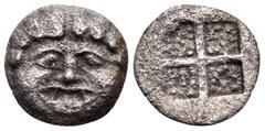 The Collection sans Pareille of Ancient Greek Fractions, Part III MACEDON. Neapolis. Circa 500-480 BC. Hemiobol (Silver, 9 mm, 0.59 g). Gorgoneion facing, with protruding tongue. Rev. Quadripartite in