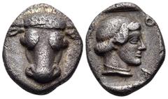 The Collection sans Pareille of Ancient Greek Fractions, Part III PHOKIS, Federal Coinage. Circa 449-447 BC. Triobol or Hemidrachm (Silver, 14 mm, 2.68 g, 6 h). Bull's head facing. Rev. ΦΟΚΙ Head of A