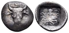 The Collection sans Pareille of Ancient Greek Fractions, Part III EUBOIA. Eretria. Circa 500-465 BC. Obol (Silver, 10 mm, 0.44 g, 3 h). E Bull's head facing. Rev. E Octopus with tentacles downward; al