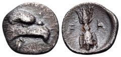The Collection sans Pareille of Ancient Greek Fractions, Part III ELIS. Olympia. 97th-100th Olympiad, 392-380 BC. Hemiobol (Silver, 8 mm, 0.35 g, 1 h). Head of an eagle to right; below, uncertain symb