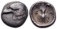 The Collection sans Pareille of Ancient Greek Fractions, Part III ELIS. Olympia. 97th-100th Olympiad, 392-380 BC. Obol (Silver, 9 mm, 0.59 g, 12 h), 'Zeus mint'. Head of an eagle to left. Rev. Thunder